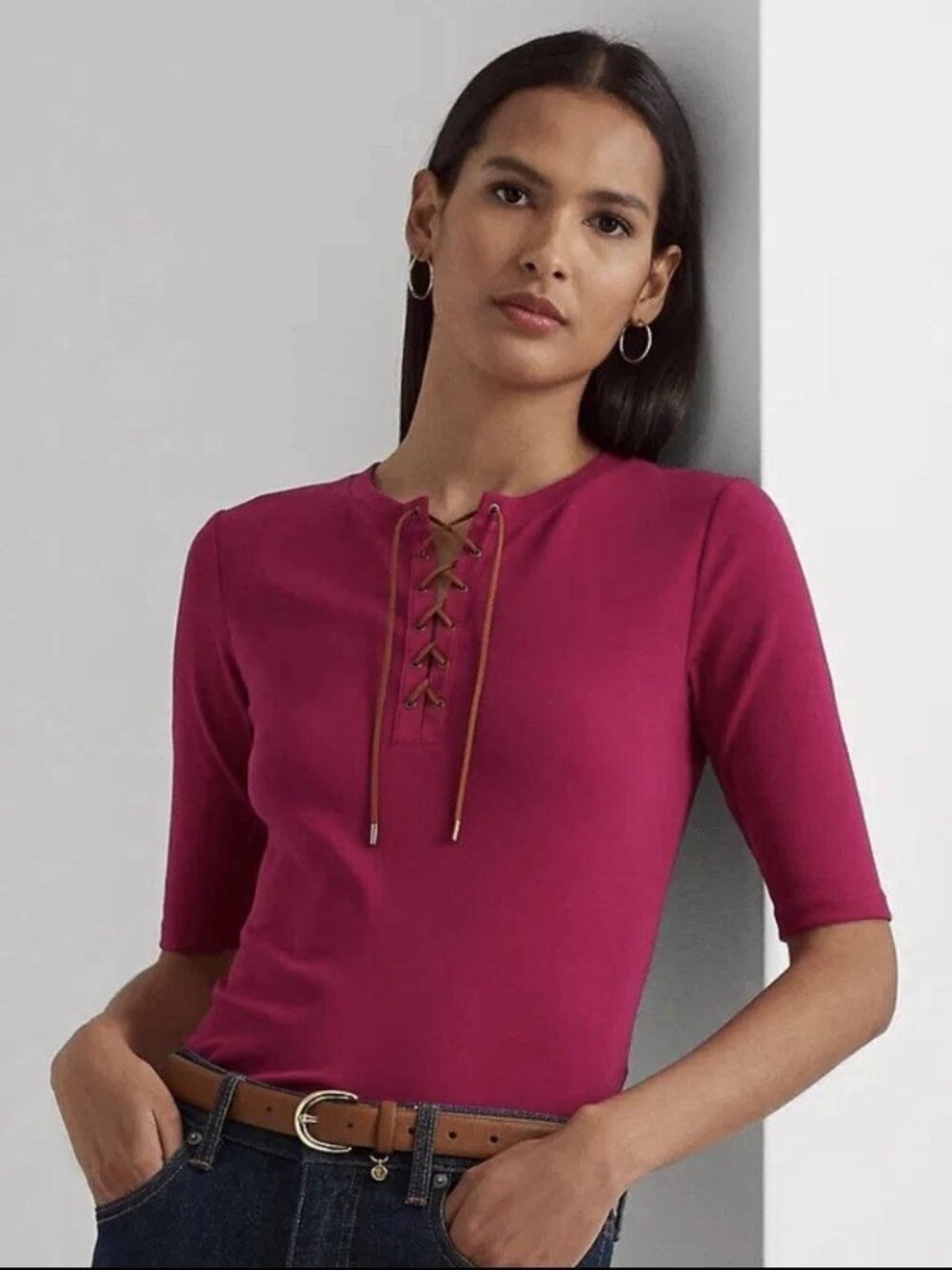 Ralph Lauren Cotton Lace-Up Stretch T-Shirt Short Sleeve Fuschia Pink Tee Size S